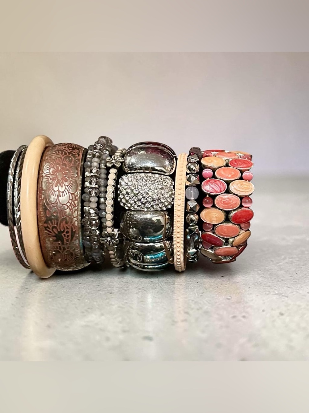 Custom Bohemian Statement Bracelet Stack Set Coral Rhinestone Silver Mixed Lot
